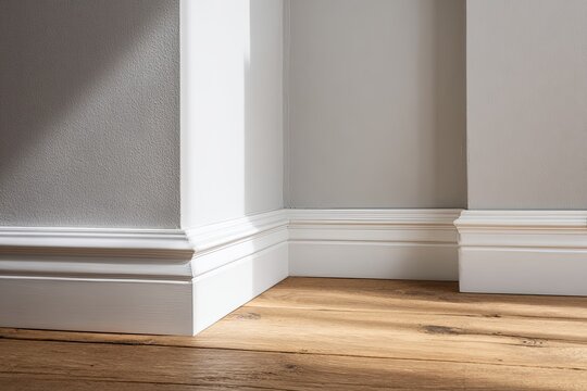 Architectural detail showcases crisp white molding contrasting with natural wood flooring and gray walls