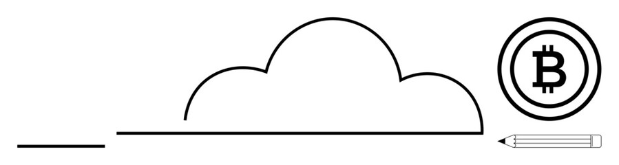 Cloud outline with pencil and Bitcoin, emphasizing digital storage, blockchain, creativity, and innovation. Ideal for finance, tech, cloud computing, creativity cryptocurrency innovation modern