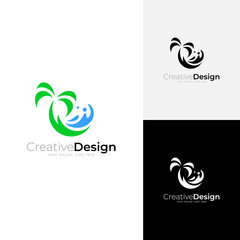 palm tree and summer waves logo in flat design style