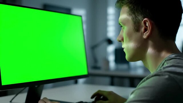 Green Screen young man working at computer with mock up in office close desktop monitor chroma key display scene 4 distortion, overlay, glitch, static noise, scan lines on black background, 4k
