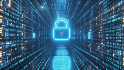 A glowing padlock icon amidst a digital tunnel of binary code representing data security. - Powered by Adobe