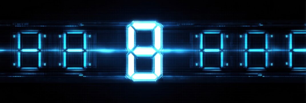 Digital Display Showcasing the Number Eight in Bright Blue Against a Dark Background With a Futuristic Design