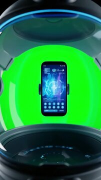 Digital Communication with view through the helmet astronaut using his mobile phone during spacewalk green screen chroma key earth in background distortion, overlay, glitch, static noise, scan lines