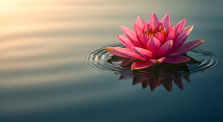 Peaceful single pink lotus flower floating on the surface copy space of calm water with gentle ripples reflecting the soft light