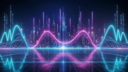 Abstract cityscape with glowing neon lines and digital data streams, creating a futuristic and technological atmosphere. - Powered by Adobe