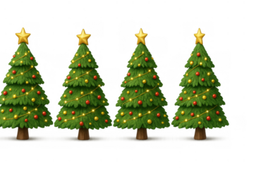 Christmas trees set on transparent background featuring golden star, festive lights, and colorful ornaments, symbolizing holiday season celebration