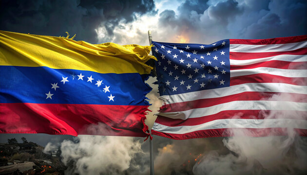 Torn Venezuelan and American flags symbolize political tension and global conflict amid smoke and dramatic skies, conveying a powerful message of division