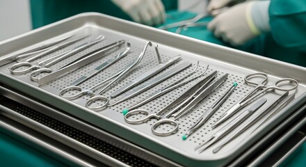 Surgical Instruments on Sterile Tray Precision Tools for Medical Procedures Surgical Equipment Prepared for Operation Room Ready Precise Shiny Stainless Steel Implements Ready Healthcare Concept