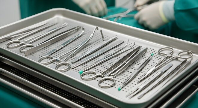 Surgical Instruments on Sterile Tray Precision Tools for Medical Procedures Surgical Equipment Prepared for Operation Room Ready Precise Shiny Stainless Steel Implements Ready Healthcare Concept