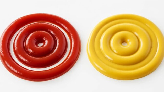Spiral patterns of red and yellow condiments sit on a plain white backdrop