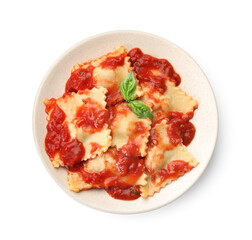 Delicious ravioli with tomato sauce and basil isolated on white, top view