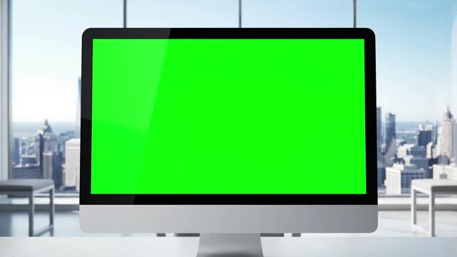 Digital Workspace Reveal with desktop computer monitor mock up green screen chroma key display standing on the desk in modern business office background glass wall big city zoom shot distortion