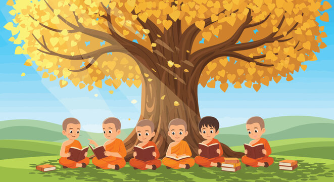 serene illustration of young Buddhist novice monks reading and studying together under a large golden Bodhi tree