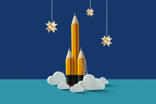 Pencil rocket with clouds and stars on blue background