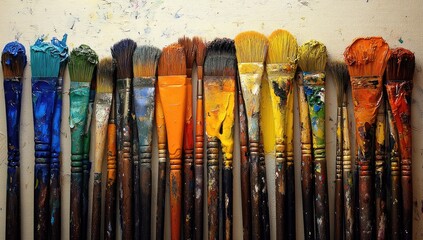 Many paintbrushes, various colors, close up artist's tools