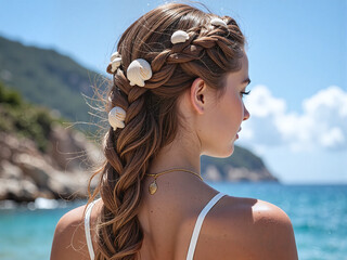 Back close-up of wavy braided hairstyle with seashells, ocean backdrop,The wavy seashell braid captures the freshness of a seaside wedding.