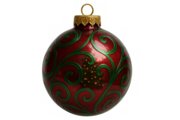 Christmas ornament bauble with green scroll pattern reflecting a sparkling holiday tree, transparent background