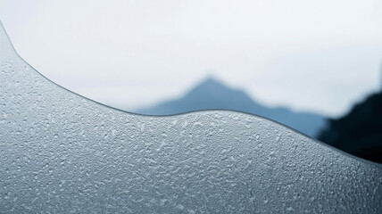 Abstract frost pattern on window with mountain silhouette background, Close-up of intricate frost patterns on a windowpane, with a blurred, soft-focus silhouette of distant 