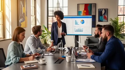 Diverse business team collaborating in a modern office meeting, analyzing data with a dynamic presentation on screen, highlighting strategy and growth - Powered by Adobe