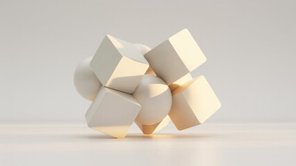 A cluster of pale, geometric shapes, resembling interlocking cubes, is bathed in soft, diffused light. The arrangement creates a sense of abstract art with subtle shadows and highlights.
