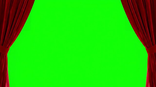Photorealistic 3D Fabric with a realistic red curtain pleats opens on green screen theater 4k animation distortion, overlay, glitch, static noise, scan lines black background, animated video loop