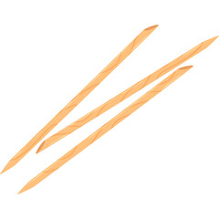 Three elongated wooden toothpicks with a subtle wood grain texture and pointed ends arranged diagonally on a clean white background perfect for culinary or dental use
