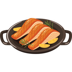 Three Fillets Of Grilled Salmon With Lemon Slices And Rosemary Sprigs Served On A Black Round Pan With Handles Transparent Background