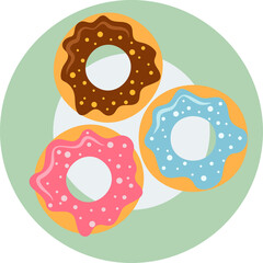 Three Frosted Doughnuts With Sprinkles Arranged On A Plate With A Light Green Background And A White Circle In The Center