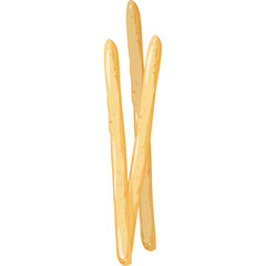 Three Golden Brown Breadsticks Standing Tall on a Transparent Background Perfect for Culinary Visuals