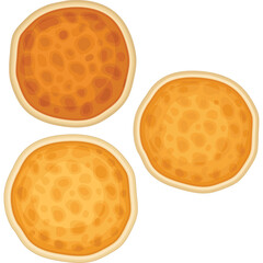 Three golden brown round baked goods with textured surfaces and light cream colored crusts against a white background