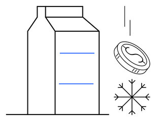 Milk carton with falling coin and snowflake illustrating cost, freshness, sustainability, and refrigeration. Ideal for economics, food industry, dairy, sustainability, savings storage and minimal