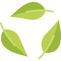 Three green leaves forming a circular arrow symbol on a transparent background representing recycling and nature