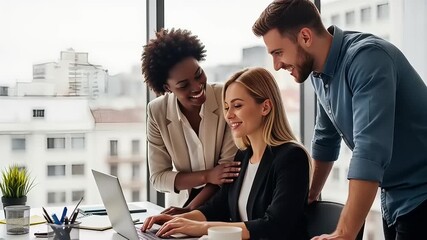 Diverse team of professionals smiling while collaborating on a laptop in a bright modern office, showcasing successful teamwork and digital engagement