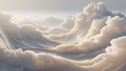 A surreal, ethereal landscape of voluminous, sculpted clouds bathed in warm, diffused golden light. The scene evokes a sense of peace, wonder, and heavenly serenity.