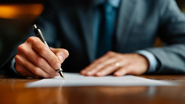 Person signing a document in a formal setting, showcasing professionalism and attention to detail