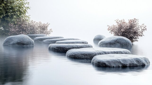 Stone path across serene water, enveloped in misty fog, flanked by tranquil foliage