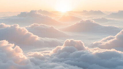 A serene aerial view captures the gentle warmth of a sunrise illuminating a vast expanse of soft, fluffy clouds, creating a dreamlike and tranquil atmosphere.