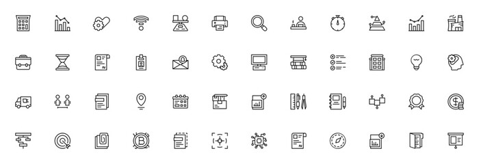 Business vector icon set. Minimal outline icons packincluding calculator, diagam, heart, signal, balance search, money, target, coputer, tools and more. Ediable stroke.