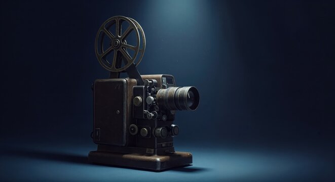 Vintage Movie Projector: A classic, antique movie projector sits under a spotlight, its intricate details and timeless design evoke nostalgia for the golden age of cinema.