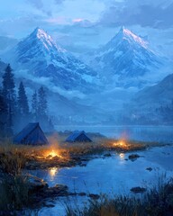 Camping by Mountain Lake at Dusk