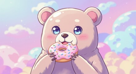 Fototapeta premium Donut Delight: A charming, cartoonish bear finds pure delight in devouring a sweet, frosted donut, its eyes sparkling with joy amid a whimsical, dreamy landscape.