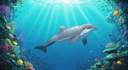 Naklejka premium Underwater Harmony: A captivating marine vista unfolds, showcasing a graceful dolphin gliding through crystal-clear waters, framed by vibrant coral reefs, and dappled with sunlight.
