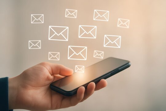 Hand holding smartphone with email icons, communication concept.