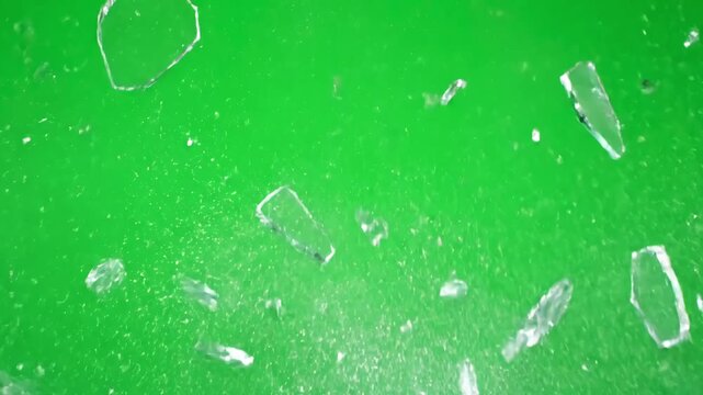Transparent Debris for VFX with glass broken splash chroma key green screen as background distortion, overlay, glitch, static noise, scan lines on black background, 4k animated video loop