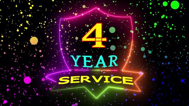 Neon 4 Year Service animation with colorful glowing particles background dynamic footage