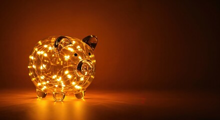 Illuminated Piggy Bank: A charming clear piggy bank is adorned with glowing fairy lights, casting a warm light against a rich, inviting background, symbolizing savings and financial prosperity.