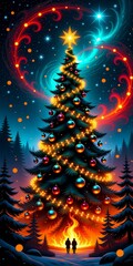 A magical Christmas tree stands tall under a cosmic sky, adorned with glowing ornaments and twinkling lights. Behind it, fiery flames dance on the ground as silhouetted figures walk toward warmth. Abo