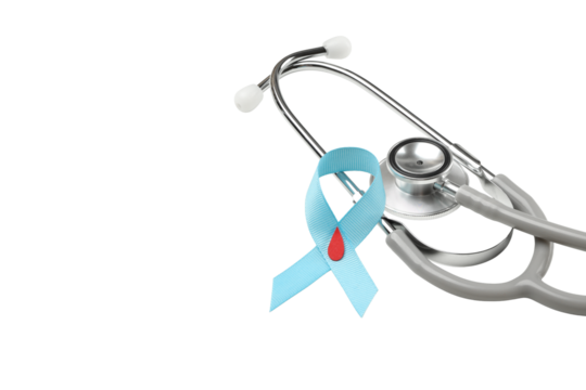 Stethoscope by blue ribbon for diabetes awareness, isolated, PNG