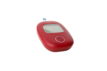Red glucose meter with clear display for testing, isolated, PNG