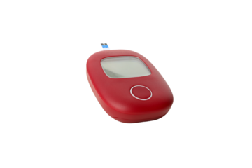 Red glucose meter with clear display for testing, isolated, PNG